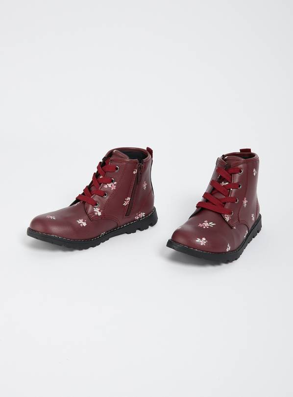 Burgundy Faux Leather Floral Boots - 4